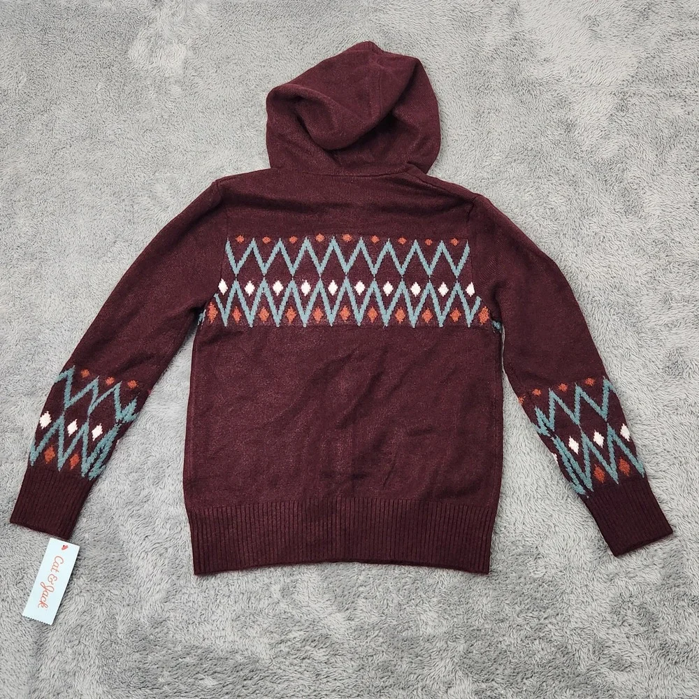 Cat & Jack Sweater Kids M 8/10 Burgundy Full Zip Hooded Fair Isle Geometric Knit